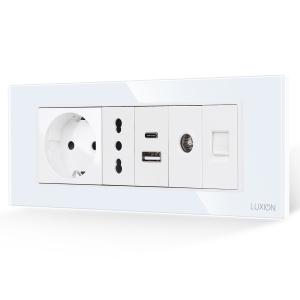 Priza Schuko + Ingusta + Dubla USB + TV + Internet cu Rama Din Sticla LUXION, Standard Italian, 6M Priza Schuko + Ingusta + Dubla USB + TV + Internet cu Rama Din Sticla LUXION, Standard Italian, 6M